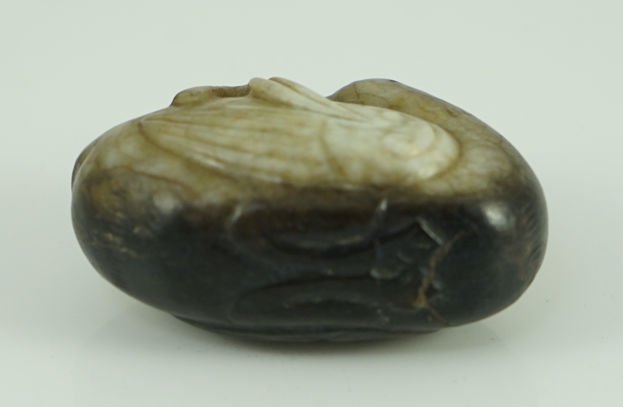 A Chinese white and black jade 'duck' pebble carving, Song dynasty or later 4.8 cm long